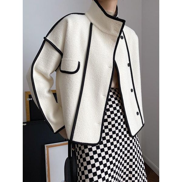 

women's wool & blends [ewq] noble pearl velvet coat 2021 autumn winter contrast color bonded stand collar short 16e4564, Black