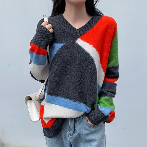 

women's sweaters [ewq] korea chic autumn winter 2021 sweater geometric color matching v-neck loose pullover thickened women tide 16e474, White;black