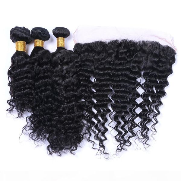 

ruma hair 100% unprocessed virgin human brazilian water wave deep curl 3 bundles with lace frontal natural black #1b mixth length curly hair, Black;brown