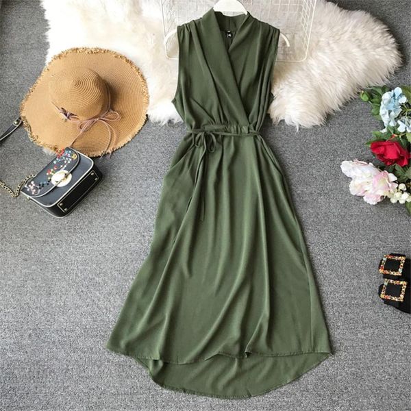 

slim solid 2021 v neck summer chiffon midi long dress party women beach tank sundress basic dresses casual tie elegant vestidos, Black;gray
