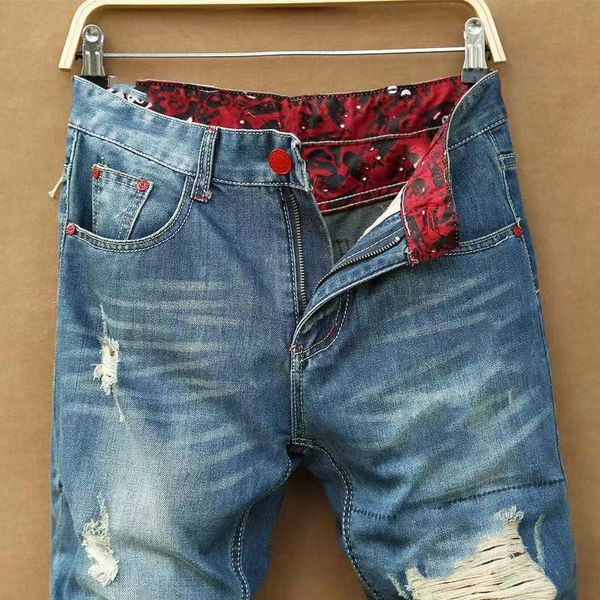 

2021 #men's wear jeans new fashion designer blue jeans tights broken stretch slim fit hip hop pants-12