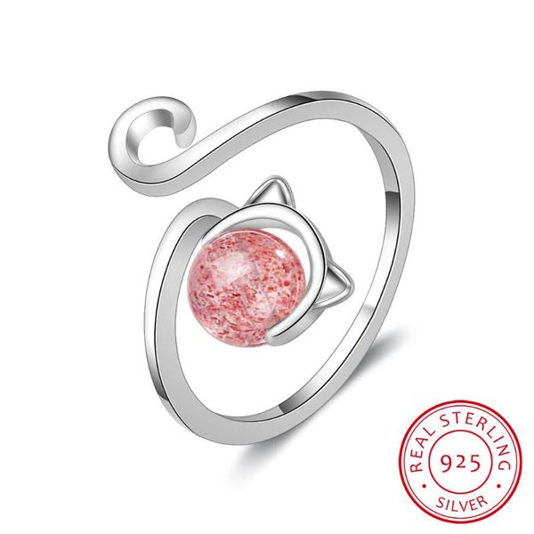 

cluster rings 100% 925 solid real sterling silver fashion cat strawberry crystal opening ring sizable for teen girl kid xmas gift ds977, Golden;silver