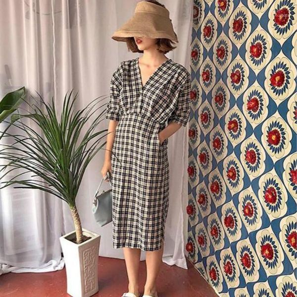 

women summer vintage v neck long plaid pencil dress high waist single button pocket slim midi sundress1, White;black