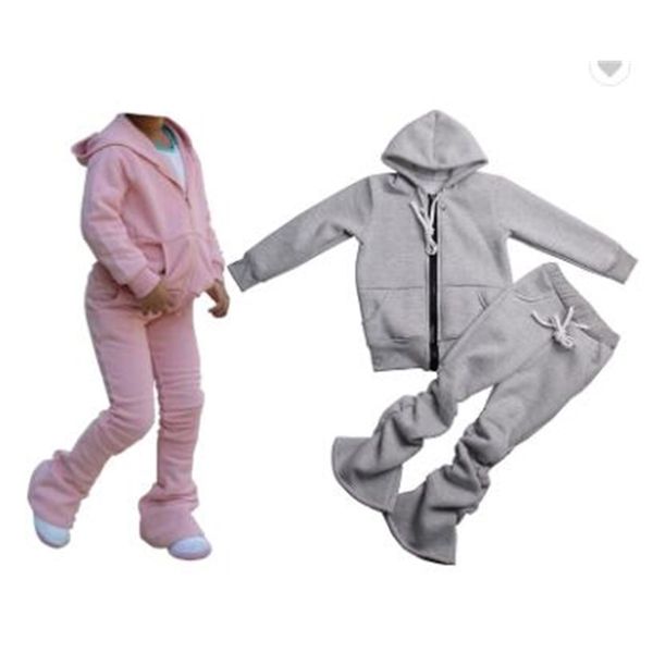 Color Solid Zipper Jogger Tracksuit Suor Suor 2 Peça Sweatsuit Calças Set Girls Kids Jogging Track Terno 210303