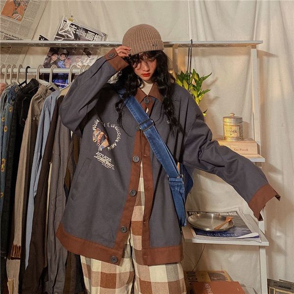 

2021 novo hit womens outono roupas do vintage oversized carta impresso quente jaqueta solta contraste casaco t18j, Black;brown