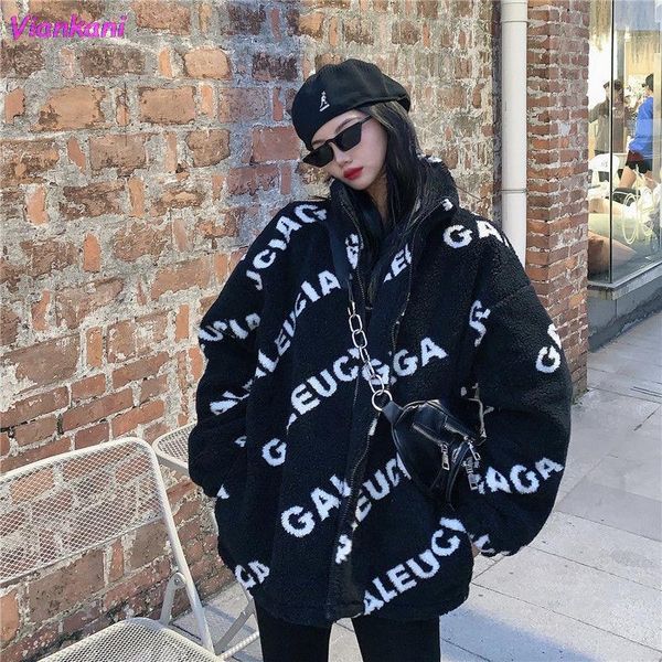 

women's down & parkas retro hong kong style light up street padded jacket women winter harajuku large size cool imitation lamb fleece c, Black
