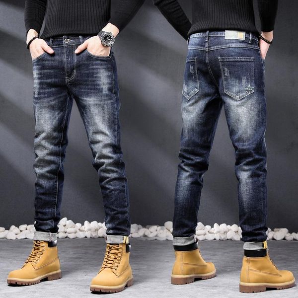 

men's jeans slim pants zipper straight stretch gentleman black, Blue