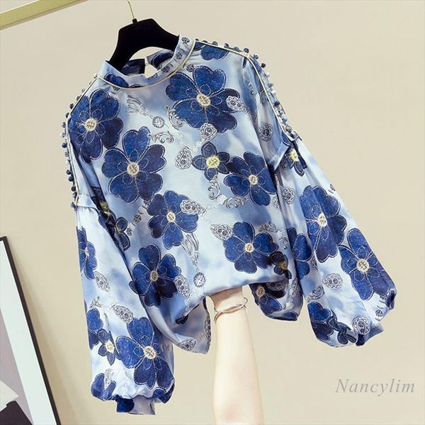 

autumn fashion high end floral womens shirts print long lantern sleeve chiffon blouse plus size blusas femme, White