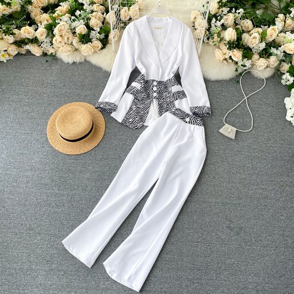 

2021 Spring New Solid Collar Engraved Sleeve Long Suit High Waist Casual Leg Loose Two Pieces Se Wgw5, Black;white