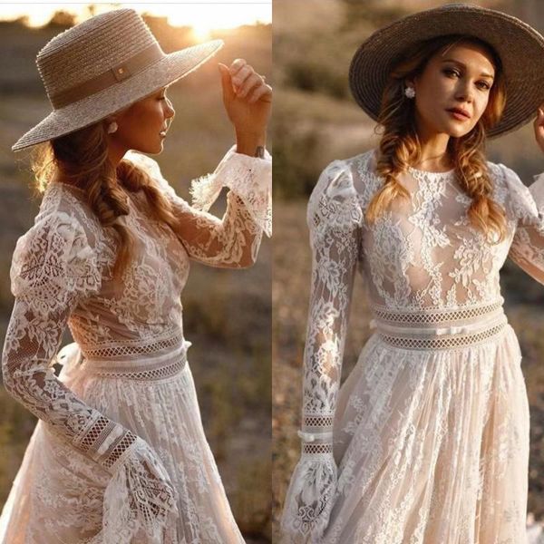

other wedding dresses umk vintage boho dress lace long sleeve bridal gowns elegant o neck backless a line vestido de noiva, White