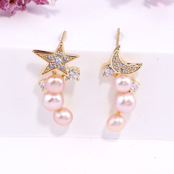

romantic studs star and moon diamond pearl earrings asymmetrical charming accessories for women sensitive ear s925 sterling silver hypoaller, Golden;silver