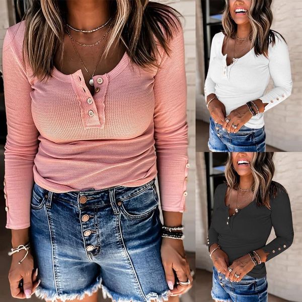 

women's hoodies & sweatshirts ladies casual fashion loose style stretch waffle button bottoming shirt good elasticity soft comfortable, Black