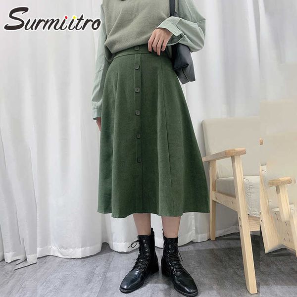 

surmiitro fashion spring autumn green corduroy midi skirt women korean style aesthetic high waist long skirt female 210712, Black