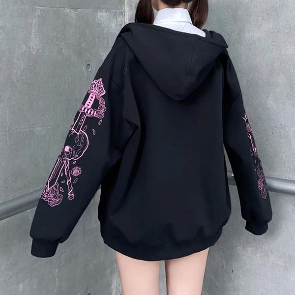 

women's hoodies & sweatshirts punk y2k zip ladies hoodie gothic long sleeve printed sweatshirt fashion street wear loose funny preppy 9, Black