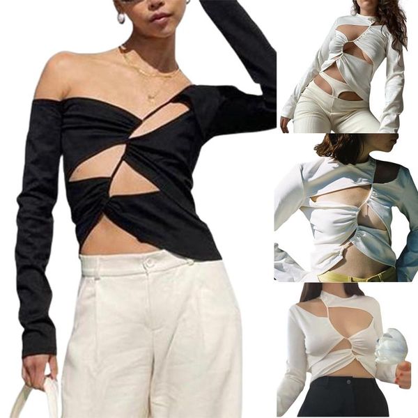 

women's t-shirt women close-fitting t-shirt, solid color long sleeve off-the-shoulder round collar hollow out crop , black/ white