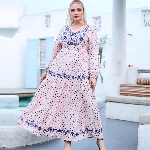 

ethnic clothing 2021 muslim women's fashion pink polka dot print embroidered chiffon long sleeve dress european, Red
