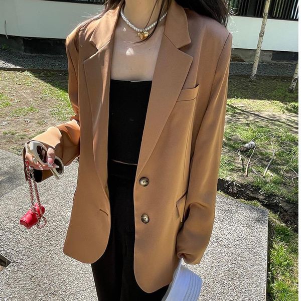 

women's suits & blazers [ewq] korea chic simple trend women solid color lapel single-breasted fashion loose gloss long-sleeved blazer a, White;black