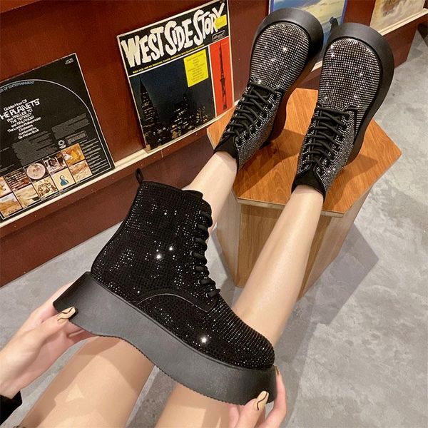 

boots med heel rock shoes woman luxury designer crystal boots-women round toe lace up autumn lolita fashion rhinestone 2021 summ, Black
