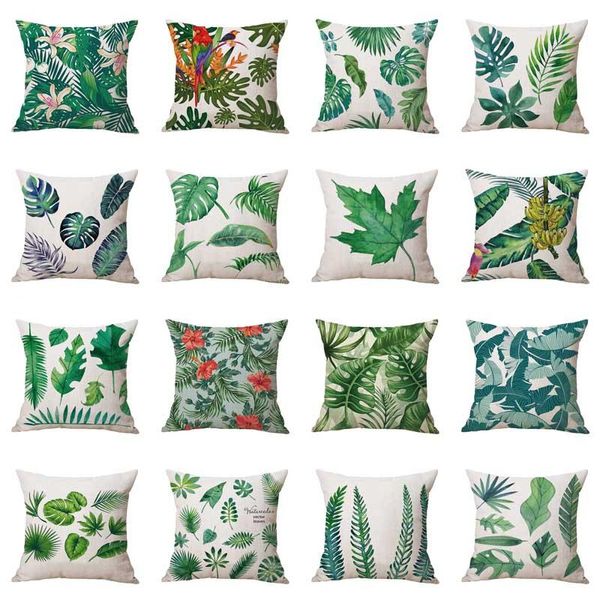 Almofada/travesseiro decorativo 2021 linho de algodão quadrado impressão tropical folhas verdes capas de planta de decoração de casa capa de almofada de lanchonete lombar