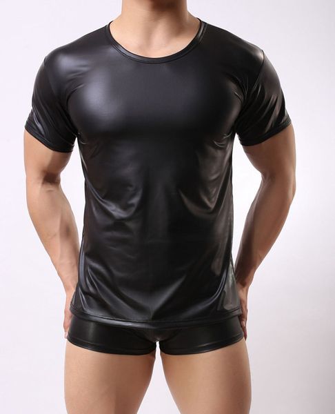 

2021 new men's fun patent leather black t-shirt tees men wet look fetish latex ds nightclub catsuit exotic pvc t shirts frku, White