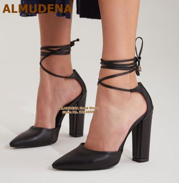 

almudena nude black matte leather chunky heel pumps lace-up pointed toe runway dress shoes vogue banquet party heels size46