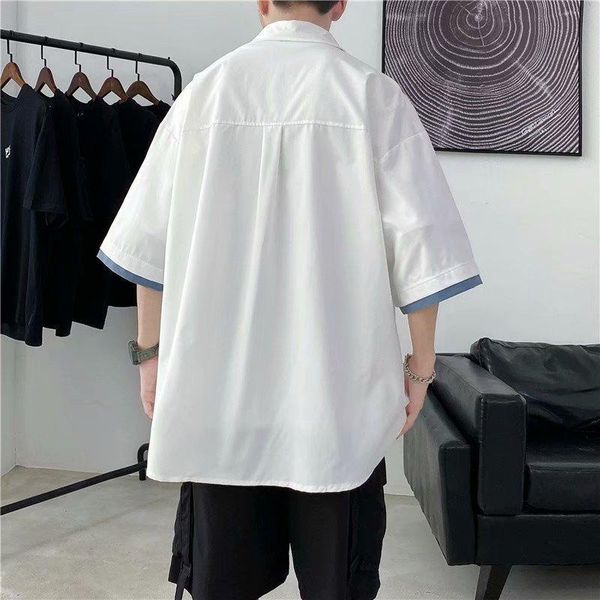 

men's casual shirts 2021 summer camisa masculina slim fit formal kpop turn-down mandarin collar short korean men shirt man, White;black