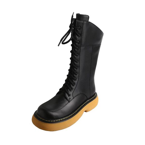 

boots autumn winter fashion concise women ankle cross-tied thick heels genuine leather casual shoes woman, Black