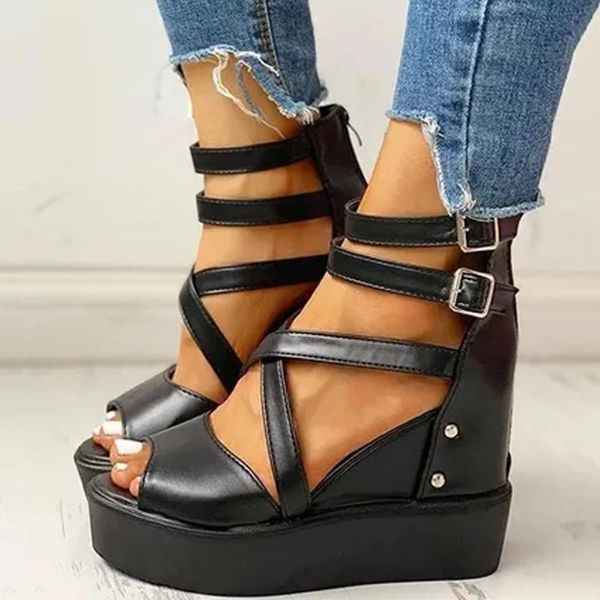

sandals ribetrini ins girl open toe buckle zipper rivet casual shoes punk summer women solid chunky, Black