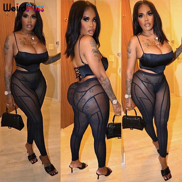 Weird Puss Tuta Donna 3 pezzi Set Bandage Canotta + Perizoma + Maglia Leggings sexy abbinati See Through Party Streetwear Abiti Y0625