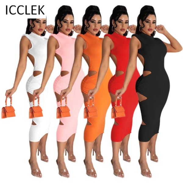 

casual dresses icclek wholesale items plus size summer women dress solid hollow sleeveless half high neck skinny stretch, Black;gray