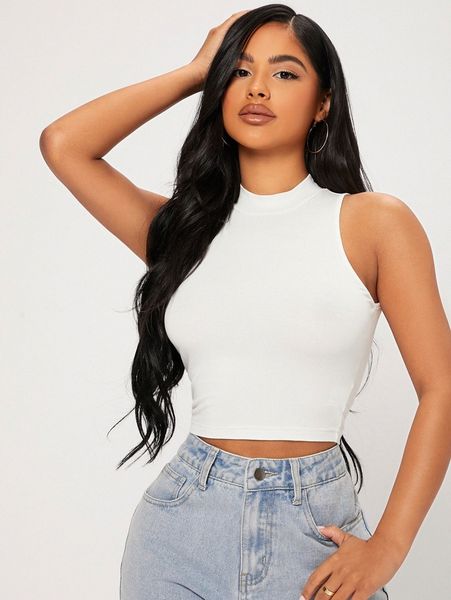 

petite solid form fitted tank f67y#, White