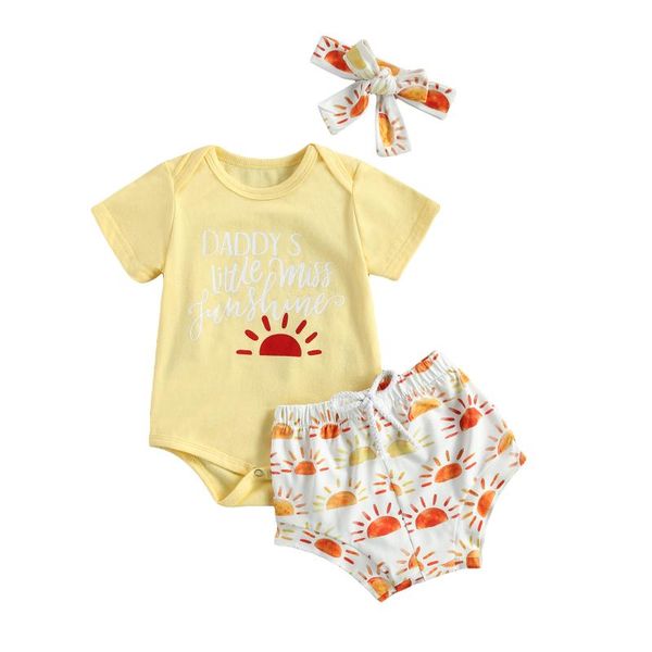 

clothing sets 0-18m summer baby girl boy daddy sunshine letter print short sleeve romper+sun high waist shorts+headband 3pcs set 2021, White