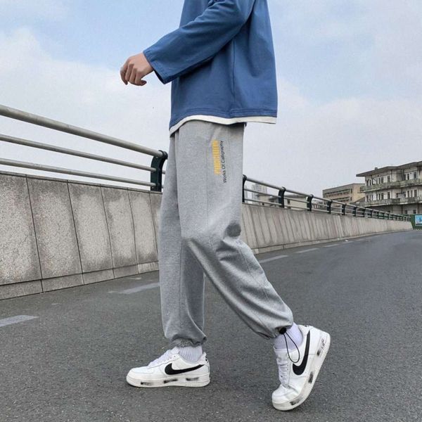 

grey trend versatile new sports men's loose legged drawstring student casual pants, Black