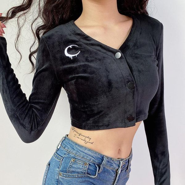 

gothic vintage t shirt women moon embroidery v-neck cropped velvet tee punk dark grunge streetwear black t-shirt female, White
