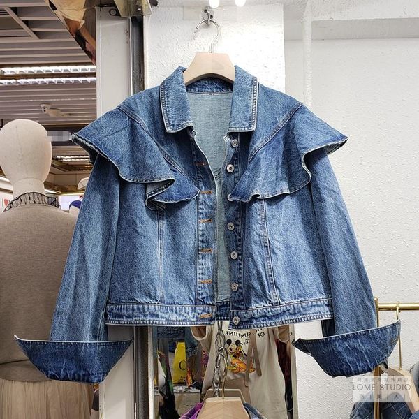 

women's jackets jeans 2021 autumn retro ruffeled collar all-match crop denim jacket casual sweet, Black;brown