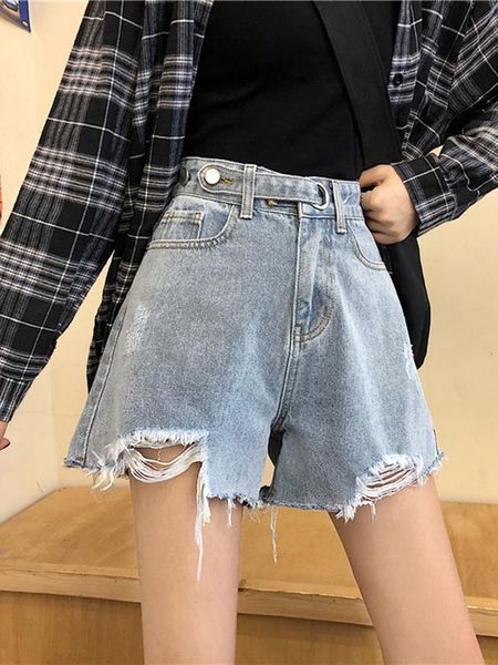 

women's jeans 2021 loose slim all-match pants denim shorts hole high waist wide leg ins fashion, Blue
