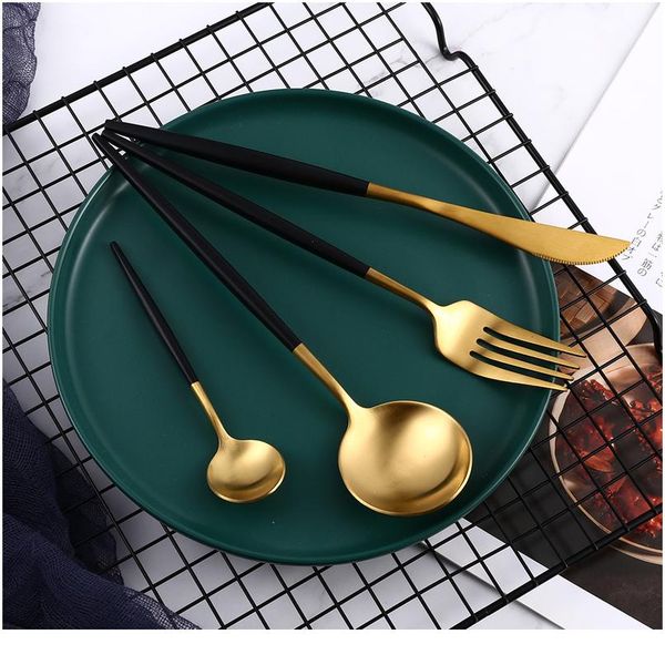 

stainless steel frosted cutlery set restaurant home steak cutlery knife spoon fork dessert spoon upscale gold qyllcr