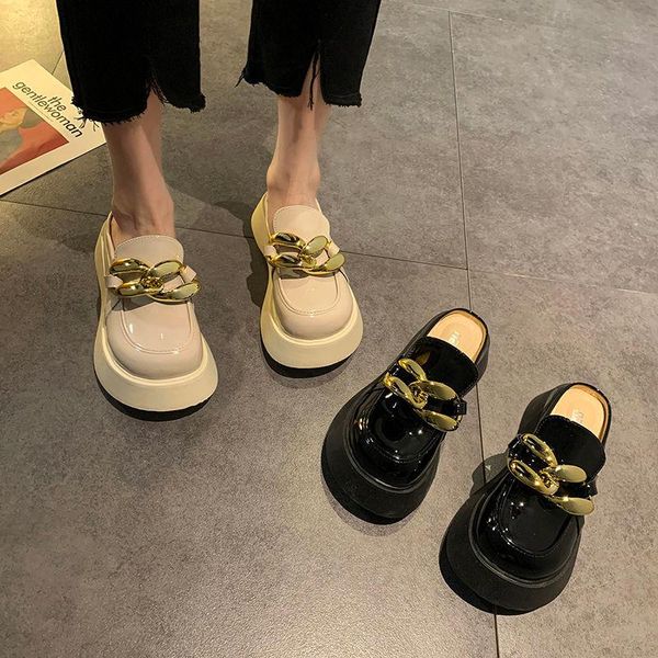 

slippers 2021 loafer chunky golden chains women chain backless leather cork midsole ladies luxury mule sandal, Black