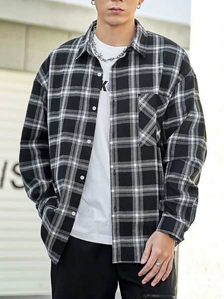 

men plaid print drop shoulder shirt z64v#, White;black