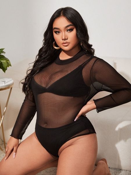 

plus mesh lettuce trim bodysuit c2tz#, Black