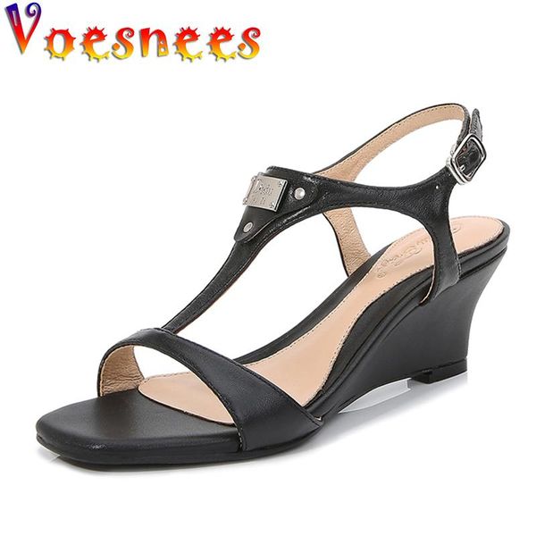 

sandals voesnees brand designer women shoes print wedges genuine leather buckle strap metal decoration concise t-strap modern, Black