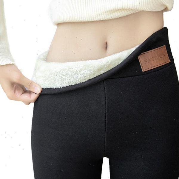 

yvyvlolo warm plus velvet winter womens legging ankle length keep solid pants high waist large size women, Black