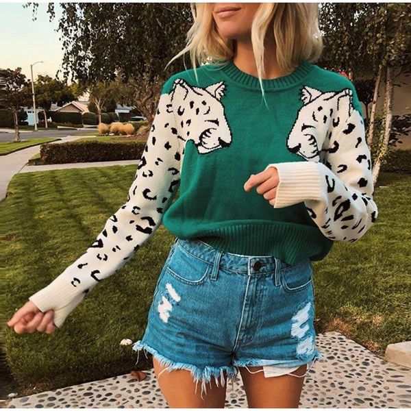 

2021 autumn winter knitted cropped sweater for women leopard pattern long sleeve knitting sweaters pullovers female loose jumper, White;black