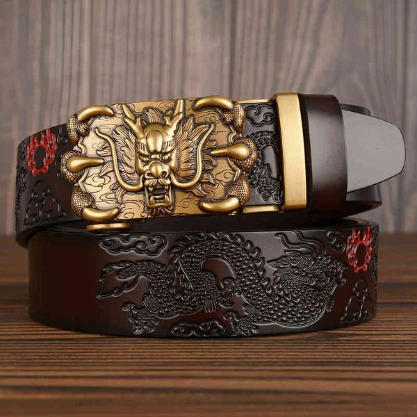 

waist belt s buckles double dragon playing with beads carved men's real leather national style personalized claw automatic buckle, Black;brown