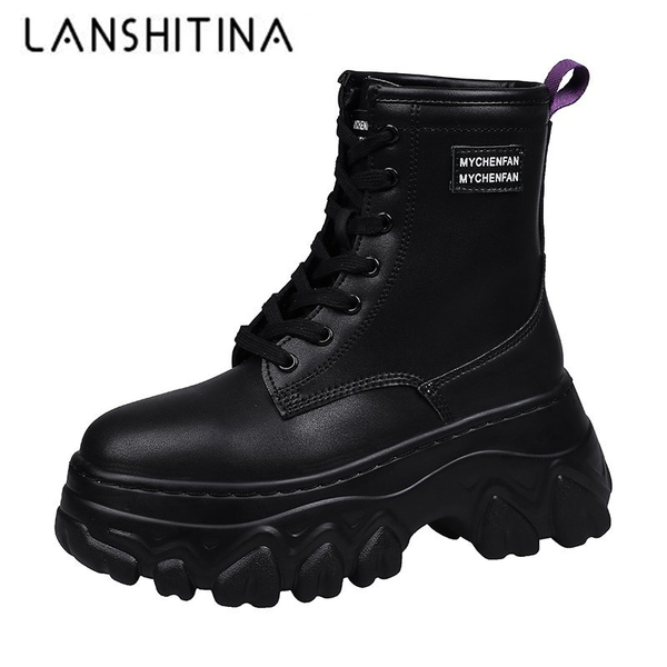 

boots round toe ankle winter women shoes high platform motorcycle ladies chunky sneakers lace-up short woman, Black