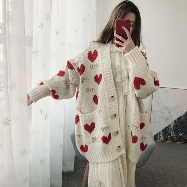 

Winter Play Sweater Sweet Heart Cardigan Harajuku Mesh Impression Neck Knitting Tops Sgve, White;black