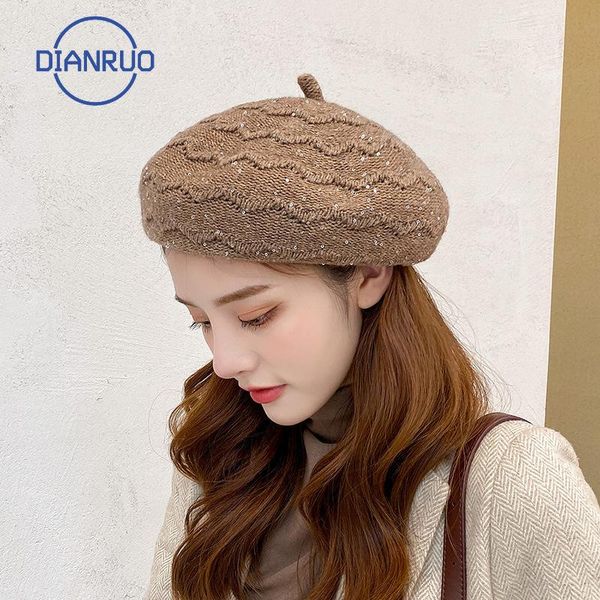 

berets dianruo hat female autumn winter wool lace beret fashion korean japanese knitted retro painter pumpkin q552, Blue;gray