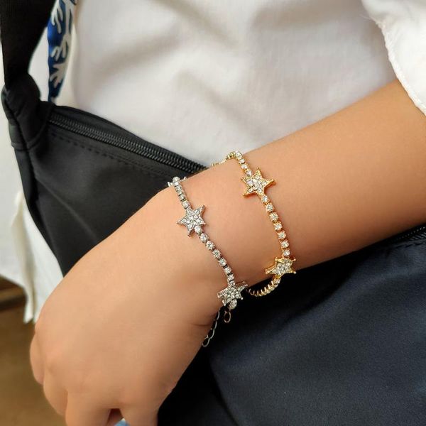 

link, chain boho punk metal crystal star bracelet bangle women men bling full rhinestone heart tennis bracelets couple jewelry, Black