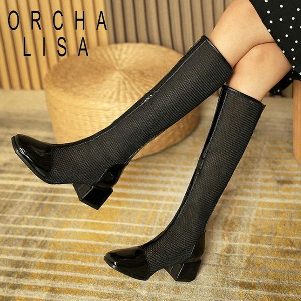 

boots orcha lisa 2021 women knee high square toe 5.5cm block heel patent leather mesh breathable big size 33-43 casual b2465, Black