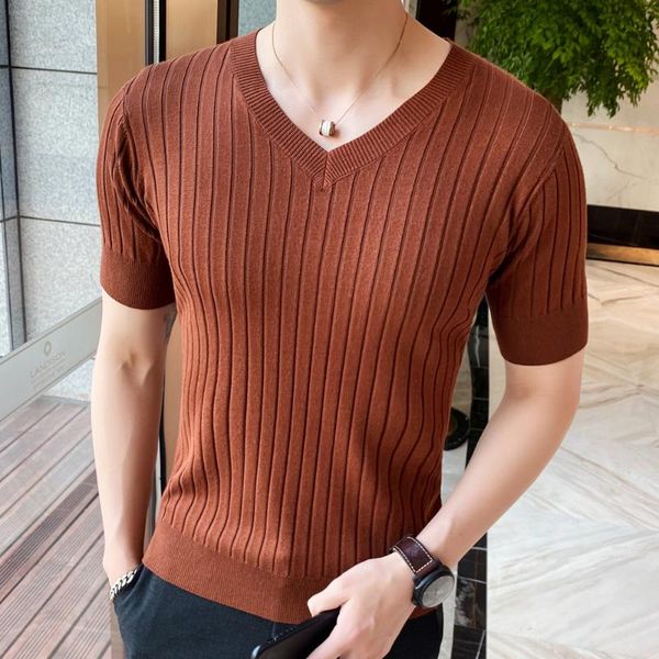 

men's t-shirts v-neck knitted slim fit british style short sleeve striped k23, White;black